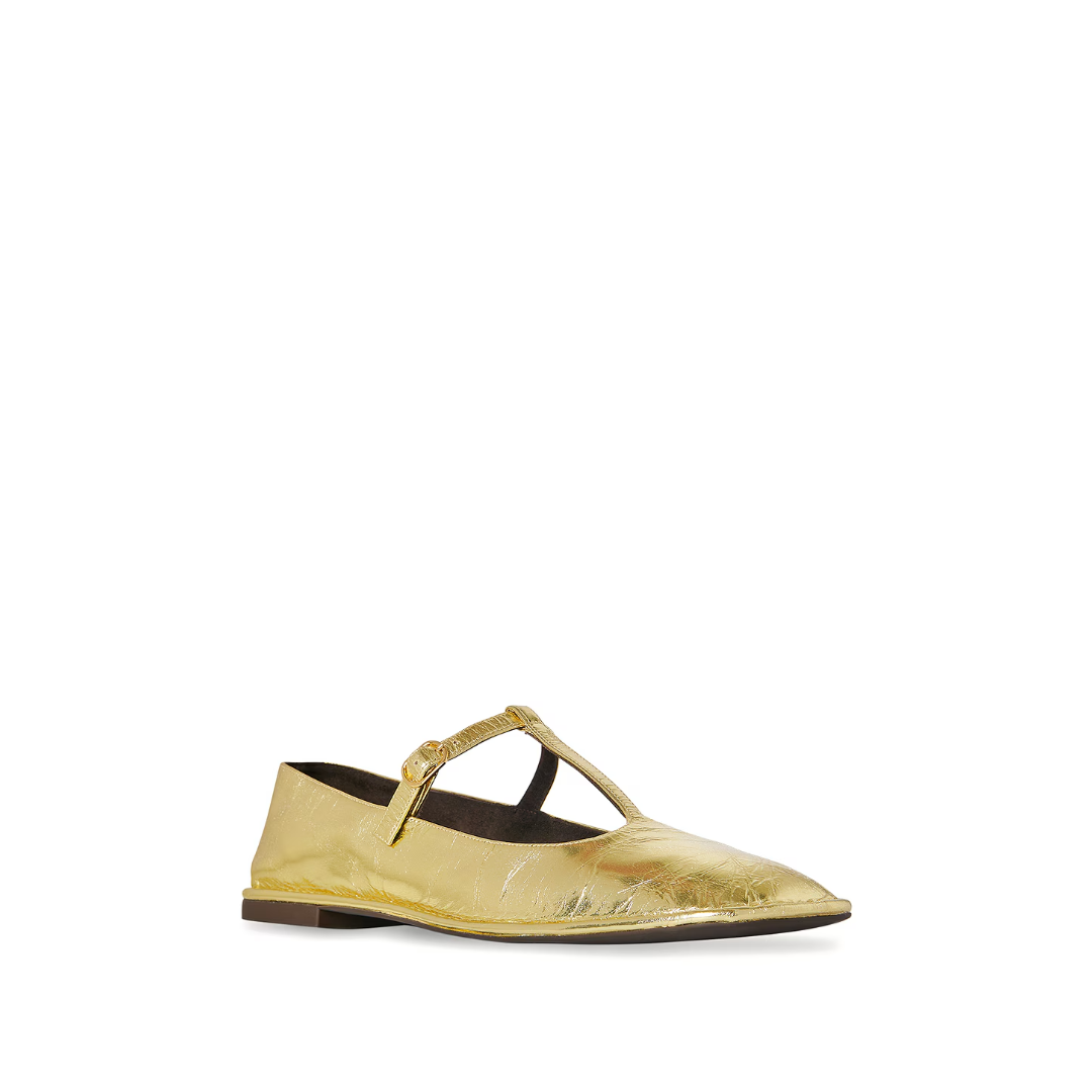 Square T-Strap Flats Gold